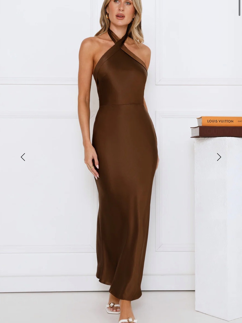 Hello Molly Chocolate Brown Halter Cross-Neck Maxi Dress